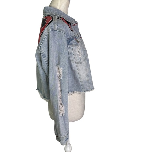 Fashion Nova Life Of Sin Faux Leather Patch Denim Jacket Light Wash Size XS - Picture 6 of 14